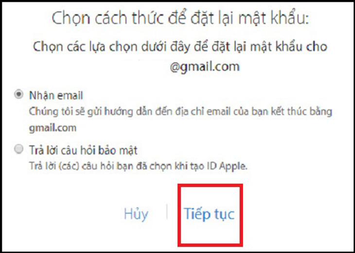 Chọn hình thức đặt lại ID Apple